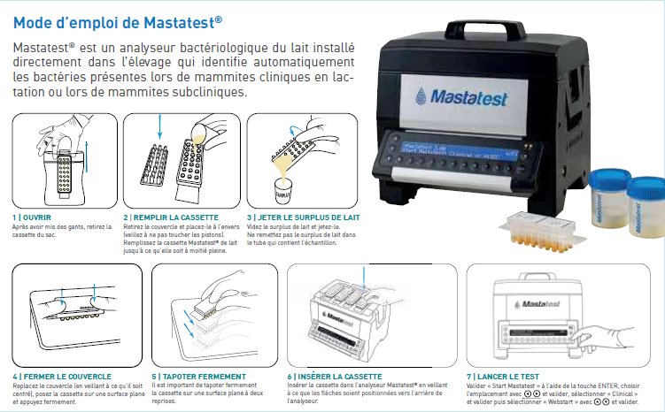 Mastatest® est un analyseur bactériologique du lait installé directement dans l’élevage qui identifie automatiquement les bactéries présentes lors de mammites cliniques en lactation ou lors de mammites subcliniques.
