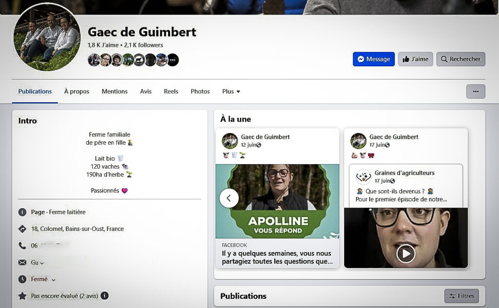 Saisie d’écran de la page Facebook®. Du Gaec de Guimbert. Apolline Martel y est très active pour partager sa passion de l’élevage, son quotidien d’agricultrice et ses astuces